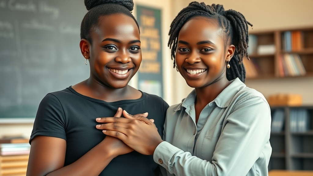 Supportive Ugandan teacher guiding adolescent girl in safe menstrual hygiene management at school
