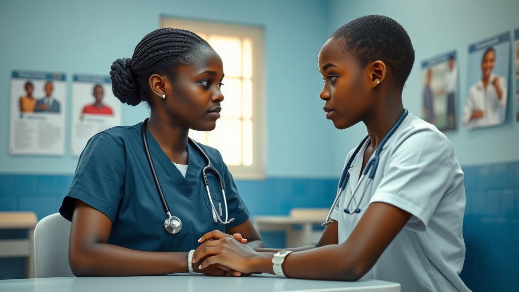 Compassionate Ugandan nurse advising a teenage girl on menstrual health and hygiene at a clinic