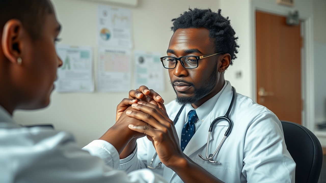 Ugandan dermatologist examining patient’s arm for skin condition. Early warning signals of internal disease. Specialist care Uganda with natural light clinic setting.